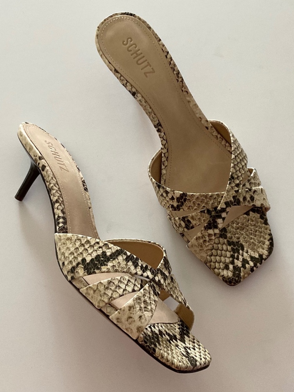 SCHUTZ Python Print Square Tie Sandal in Tan Black Size 10.5